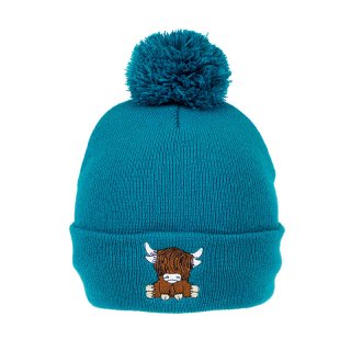 A1948- LADIES HIGHLAND COW PRINT BOBBLE HAT- FLEECE LINING